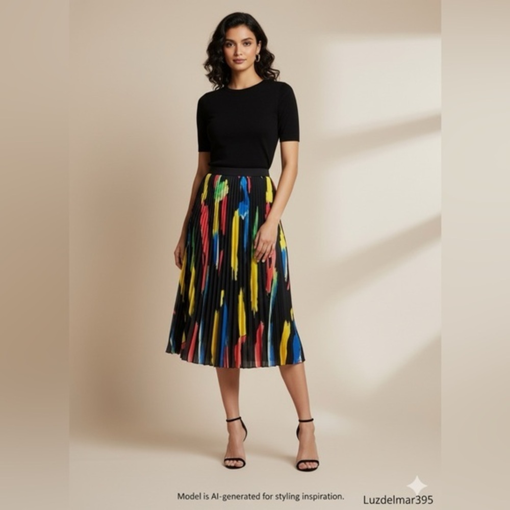 Milly Brushstroke Pleated Midi Skirt Size 8 Colorful Abstract Print